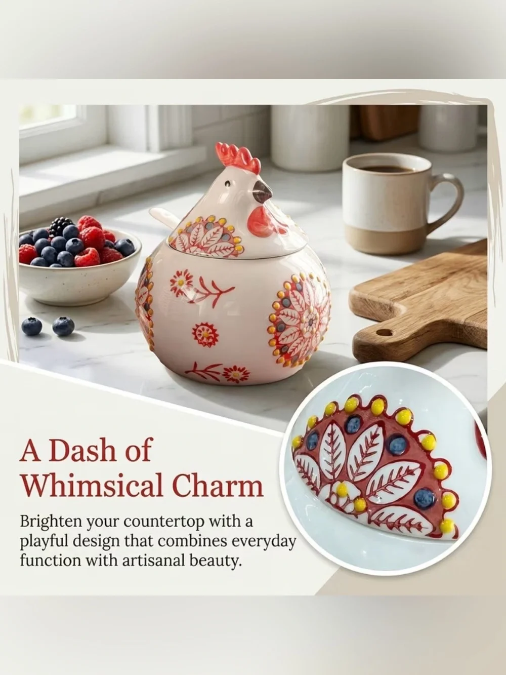 🆕 Hand-Painted Ceramic Rooster Sugar Pot with Spoon - Green Blue & Red